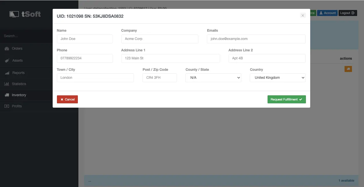 Fulfilment Portal Screenshot